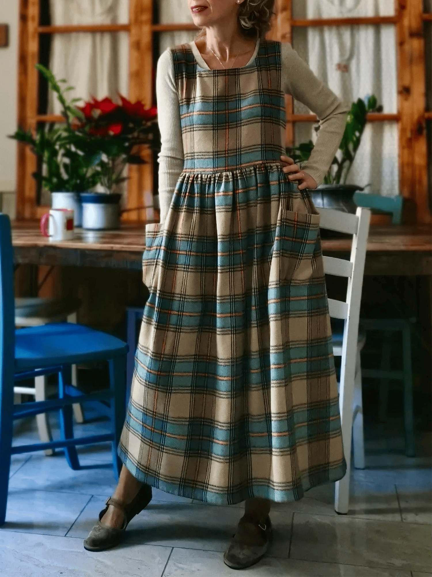 Vintage Light Khaki Blue & Brown Plaid Long Apron & Dress (2-in-1)