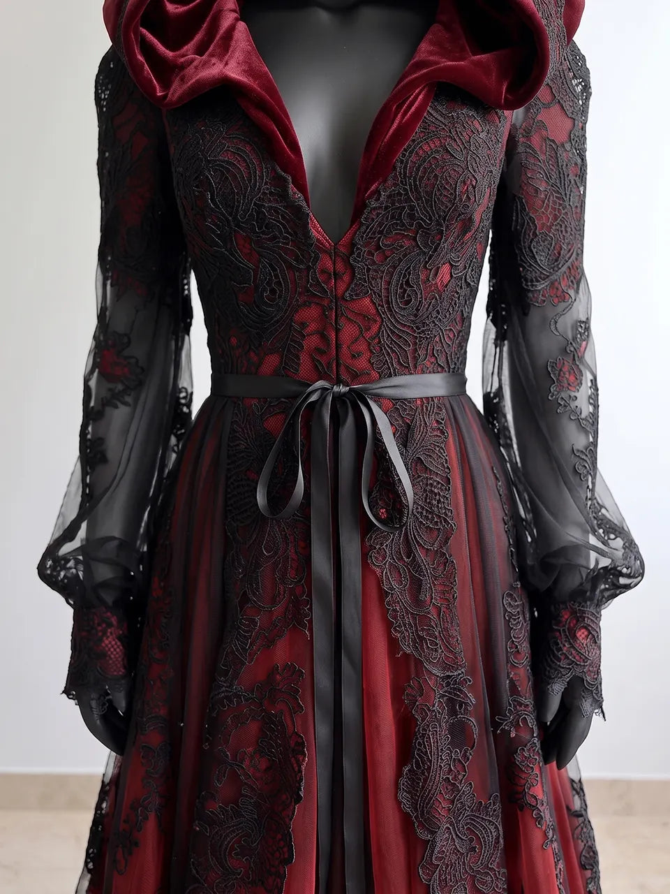 Womens Hooded Deep V-neck Tie Waist Sheer Long Sleeve Lace Embroidered Tulle Train Maxi Gown