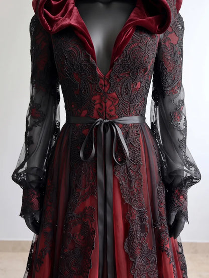 Womens Hooded Deep V-neck Tie Waist Sheer Long Sleeve Lace Embroidered Tulle Train Maxi Gown