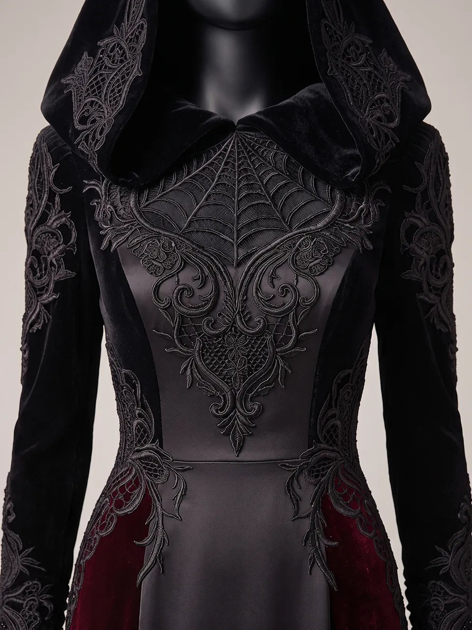 Womens Velvet Hooded Long Sleeve Spiderweb Embroidered Fitted Tulle Panel Train Mermaid Maxi Gown