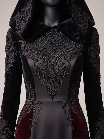 Womens Velvet Hooded Long Sleeve Spiderweb Embroidered Fitted Tulle Panel Train Mermaid Maxi Gown