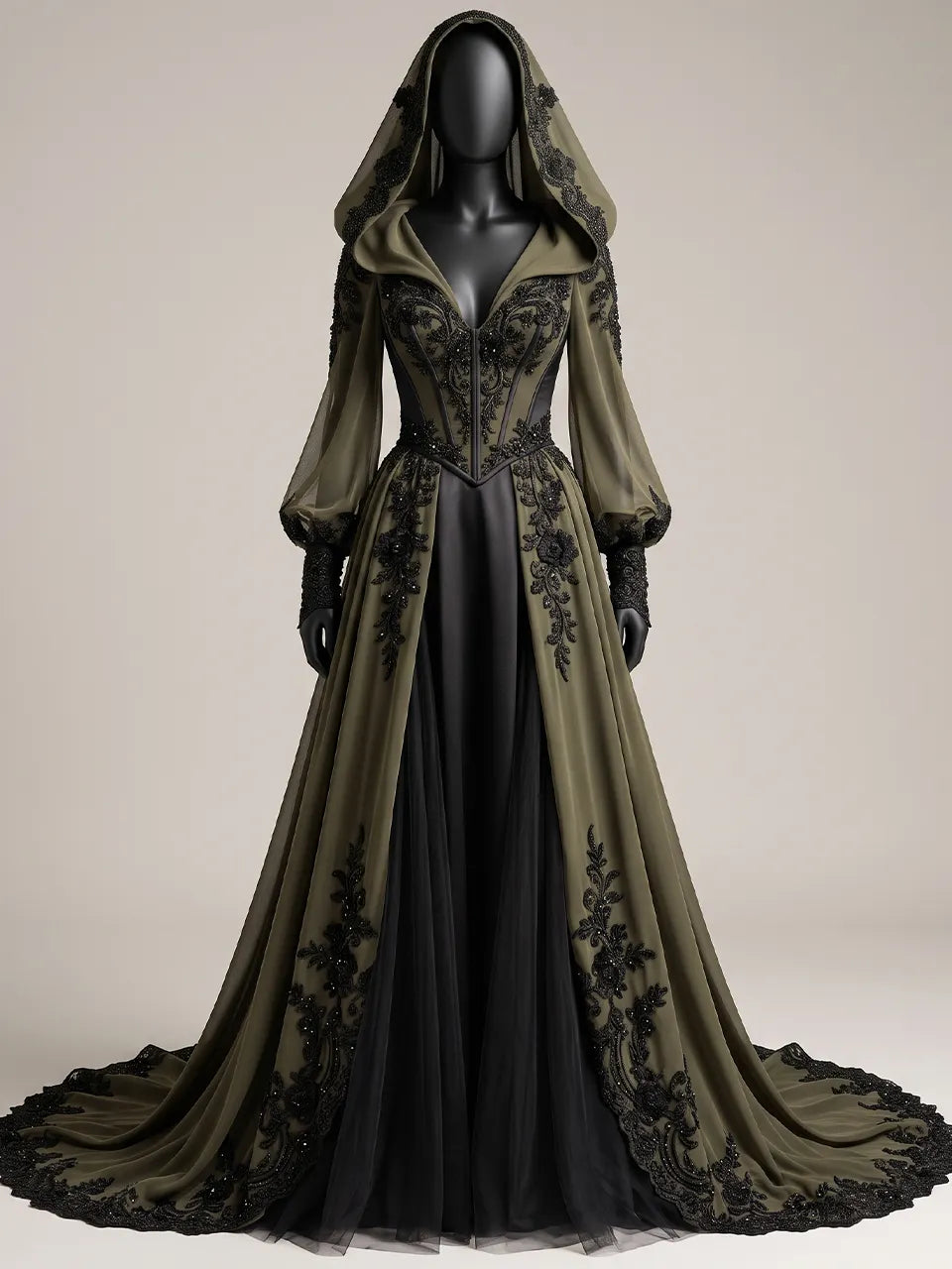 Womens Hooded V Neck Fitted Waist Lantern Long Sleeve Embroidered Train Maxi Gown