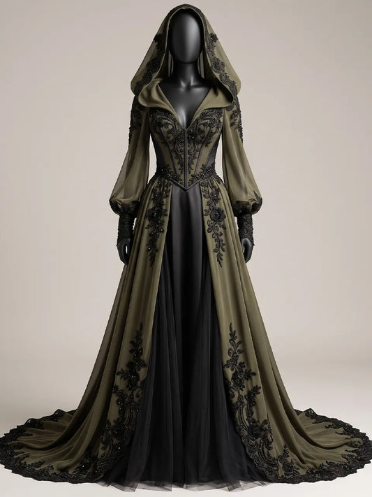 Womens Hooded V Neck Fitted Waist Lantern Long Sleeve Embroidered Train Maxi Gown