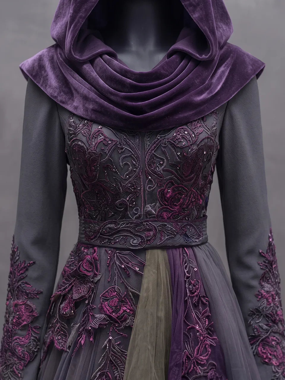 Womens Hooded Waist Cinching Embroidered Spliced Long Sleeve Irregular Tiered Tulle Long Gown
