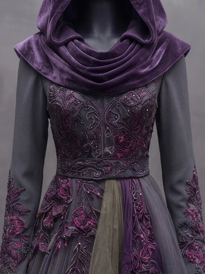 Womens Hooded Waist Cinching Embroidered Spliced Long Sleeve Irregular Tiered Tulle Long Gown