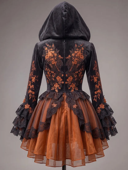 Womens Hooded V Neck Velvet Embroidered Lace Up Waist Flare Sleeve Lace Layered Tulle Short Dress