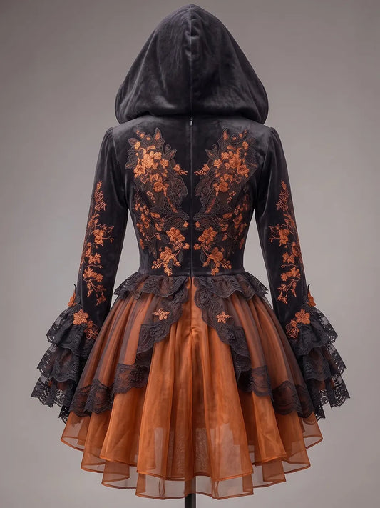 Womens Hooded V Neck Velvet Embroidered Lace Up Waist Flare Sleeve Lace Layered Tulle Short Dress