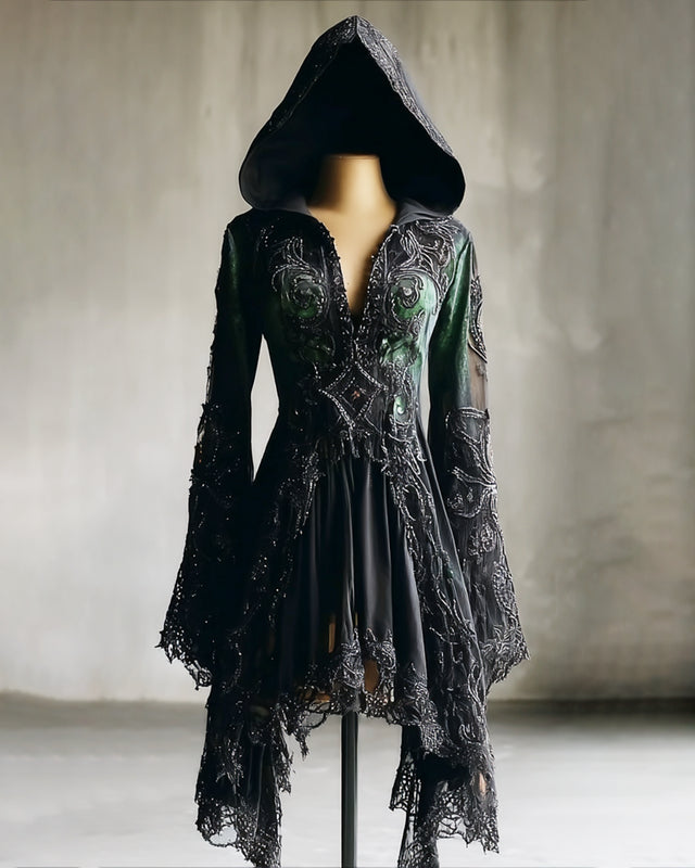 Boho Witch Gradient Embroidered Lace Patchwork Hooded Evening Dress df61