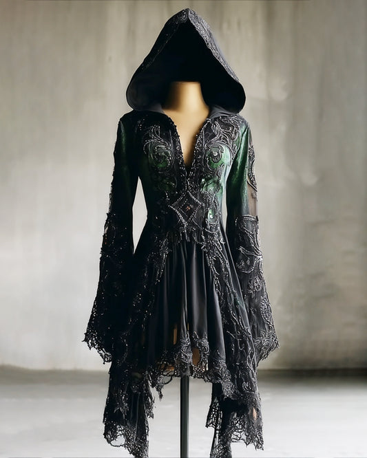 Boho Witch Gradient Embroidered Lace Patchwork Hooded Evening Dress df61