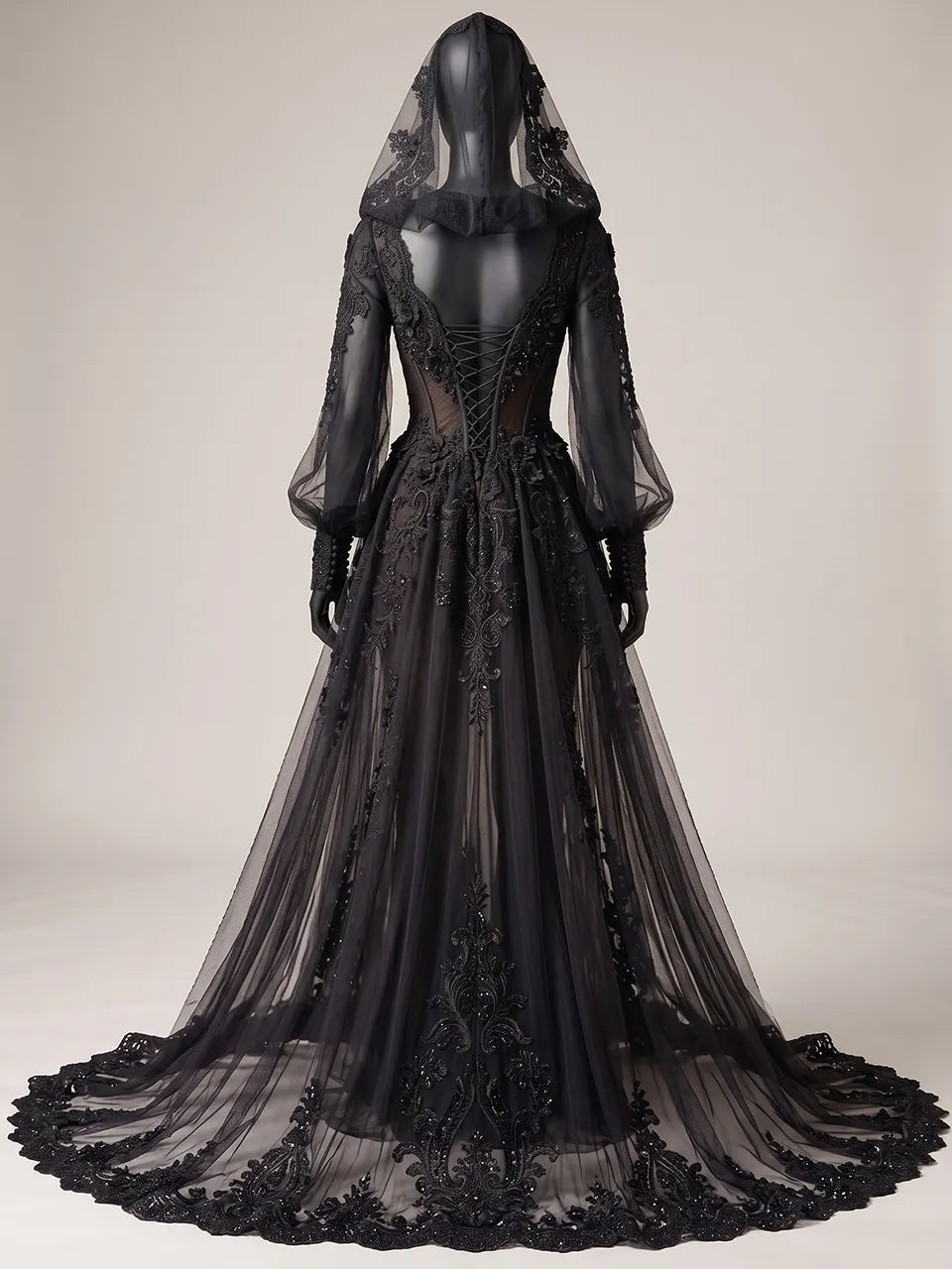 Womens V Neck Sheer Corset Hooded Tulle Embroidered Train Maxi Gown
