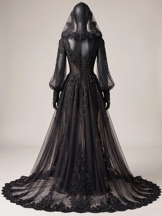 Womens V Neck Sheer Corset Hooded Tulle Embroidered Train Maxi Gown
