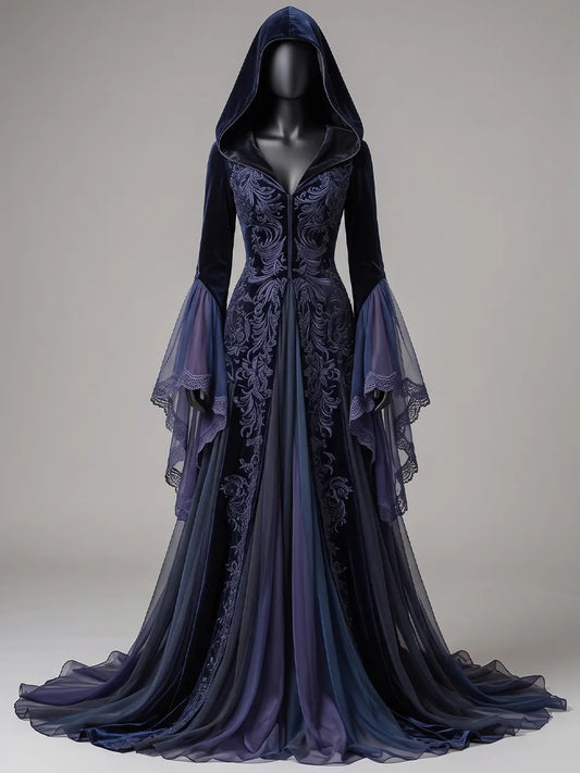 Womens V-neck Hooded Flare Sleeve Vine Embroidered Velvet Spliced Tulle Flowy Maxi Gown