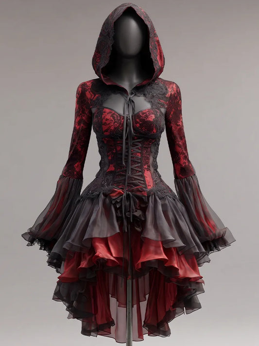 Womens Hooded Sweetheart Neck Lace Up Corset Lace Spliced Flare Sleeve Multi Layer Irregular Tulle Short Gown