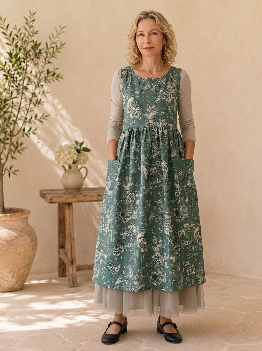 Sage Botanical Cotton Pinafore Apron