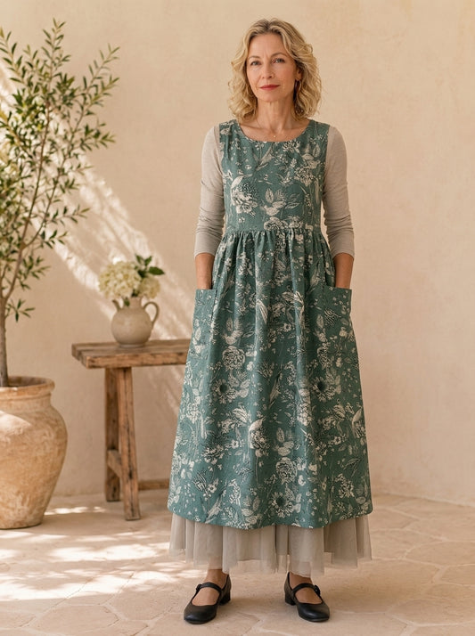 Sage Botanical Cotton Pinafore Apron