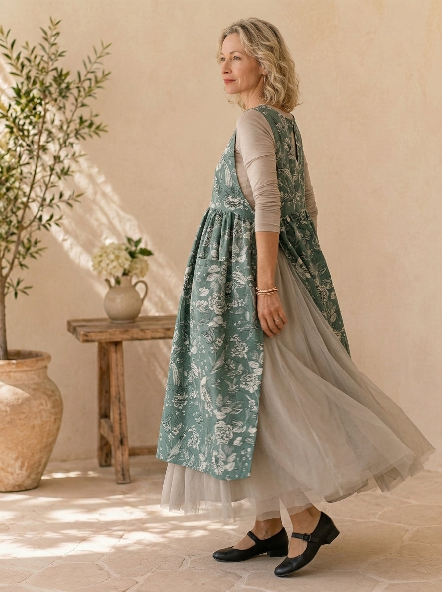 Sage Botanical Cotton Pinafore Apron