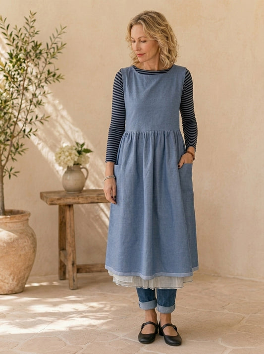 Dusty Blue Cotton Pinafore Apron