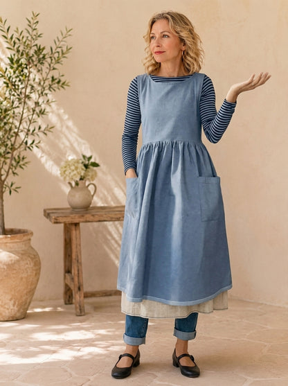 Dusty Blue Cotton Pinafore Apron