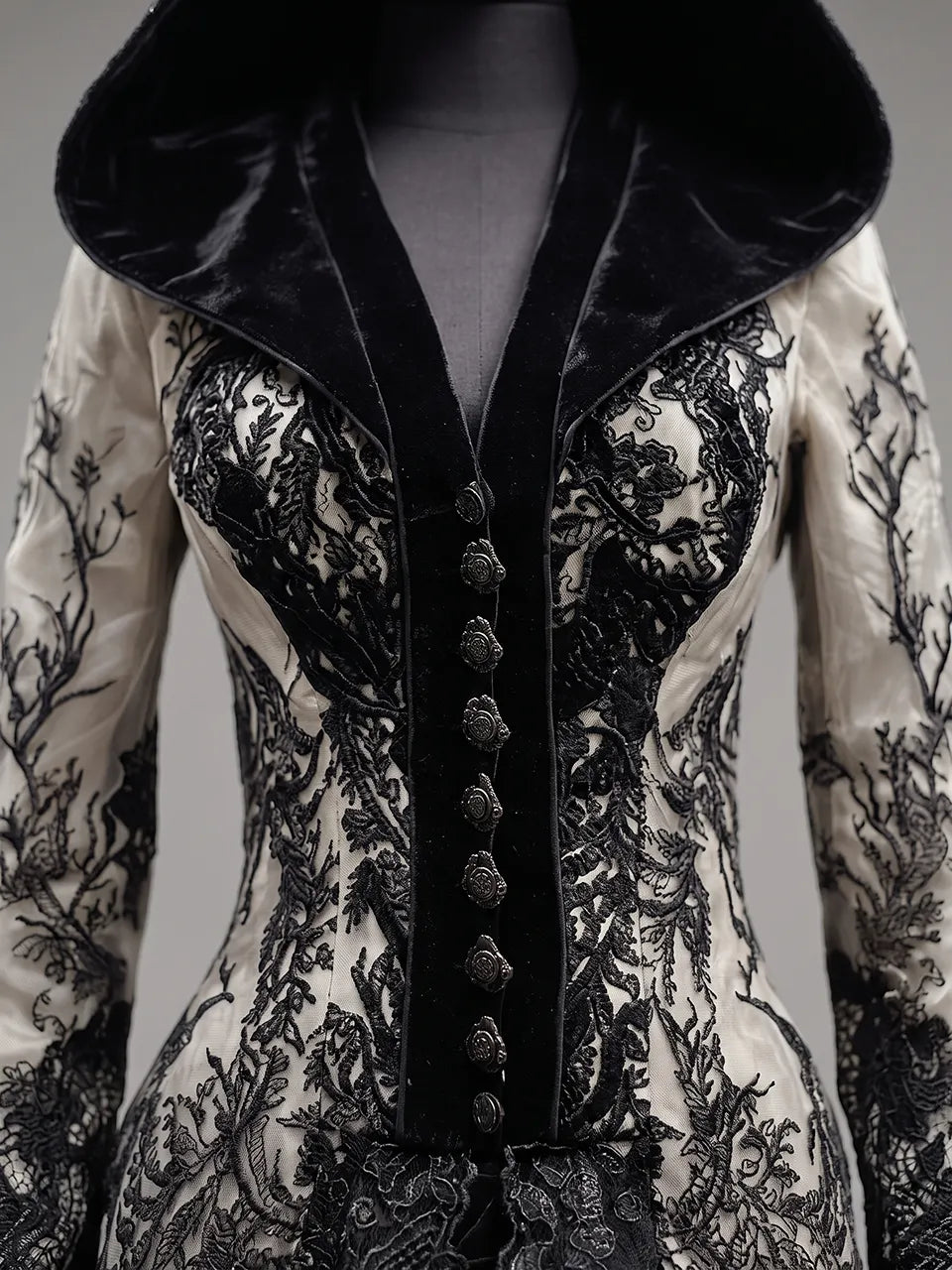 Womens Hooded V Neck Button Decor Embroidered Lace Spliced Flare Sleeve Layered Tulle Train Long Gown