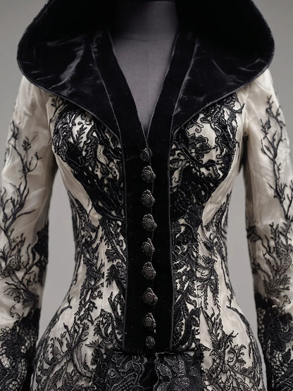 Womens Hooded V Neck Button Decor Embroidered Lace Spliced Flare Sleeve Layered Tulle Train Long Gown