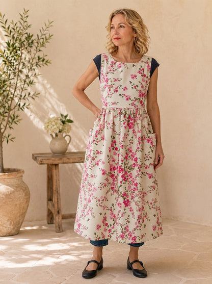 Pink Blossom Cotton Pinafore Apron