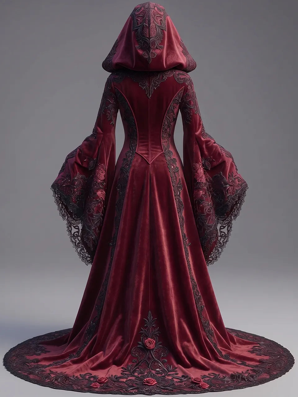 Womens Hooded Flare Sleeve Rose Embroidered Lace Trim Lace Up Split Train Long Gown