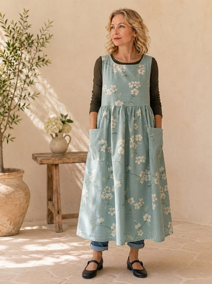 Sage Blossom Cotton Pinafore Apron