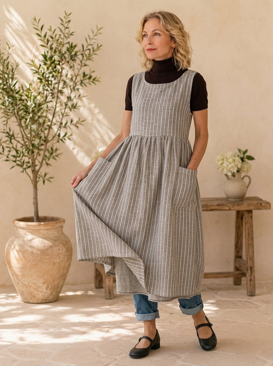 Stone Stripe Cotton Pinafore Apron