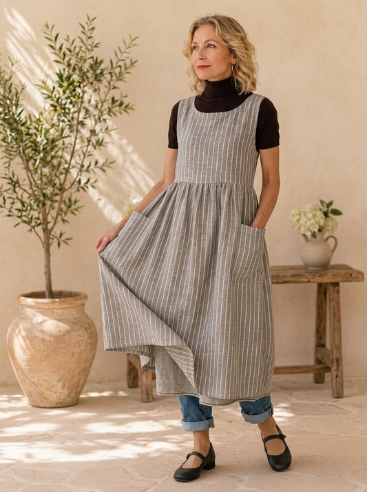 Stone Stripe Cotton Pinafore Apron