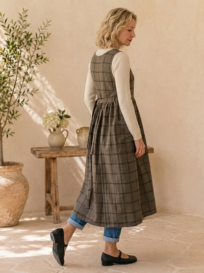 Mocha Check Cotton Pinafore Apron