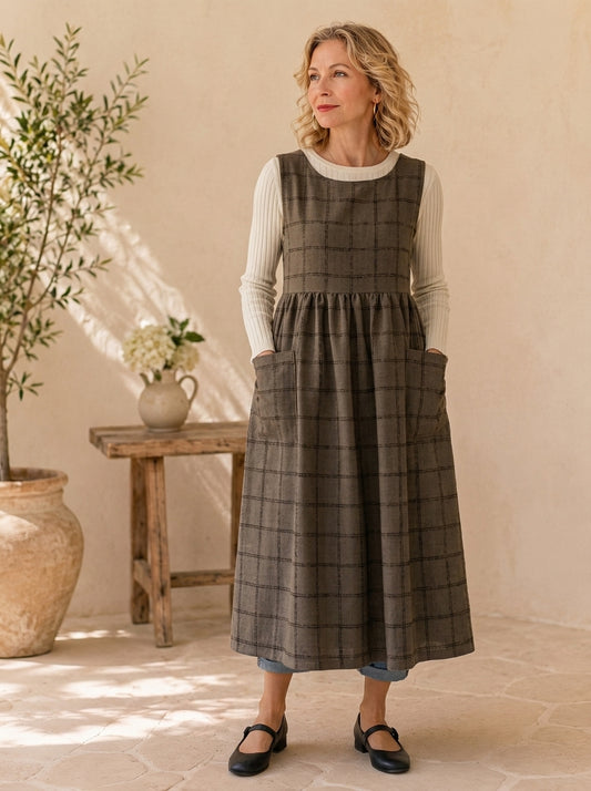 Mocha Check Cotton Pinafore Apron
