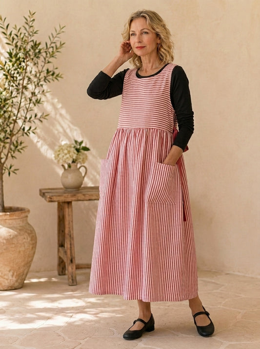 Dusty Rose Stripe Cotton Pinafore Apron