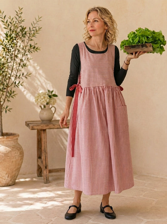 Dusty Rose Stripe Cotton Pinafore Apron