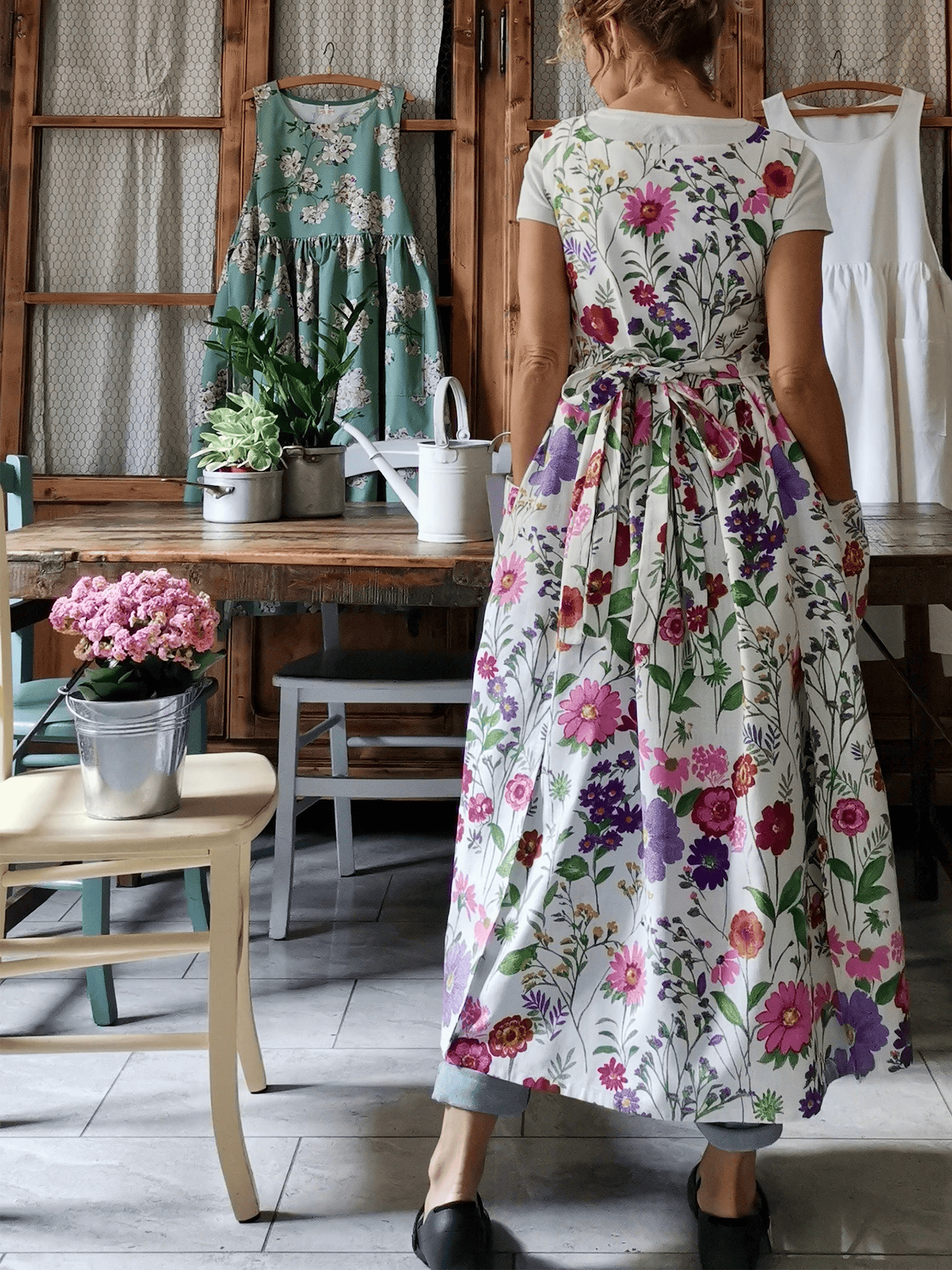 Vintage White Base Colorful Floral Print Long Apron & Dress (2-in-1)