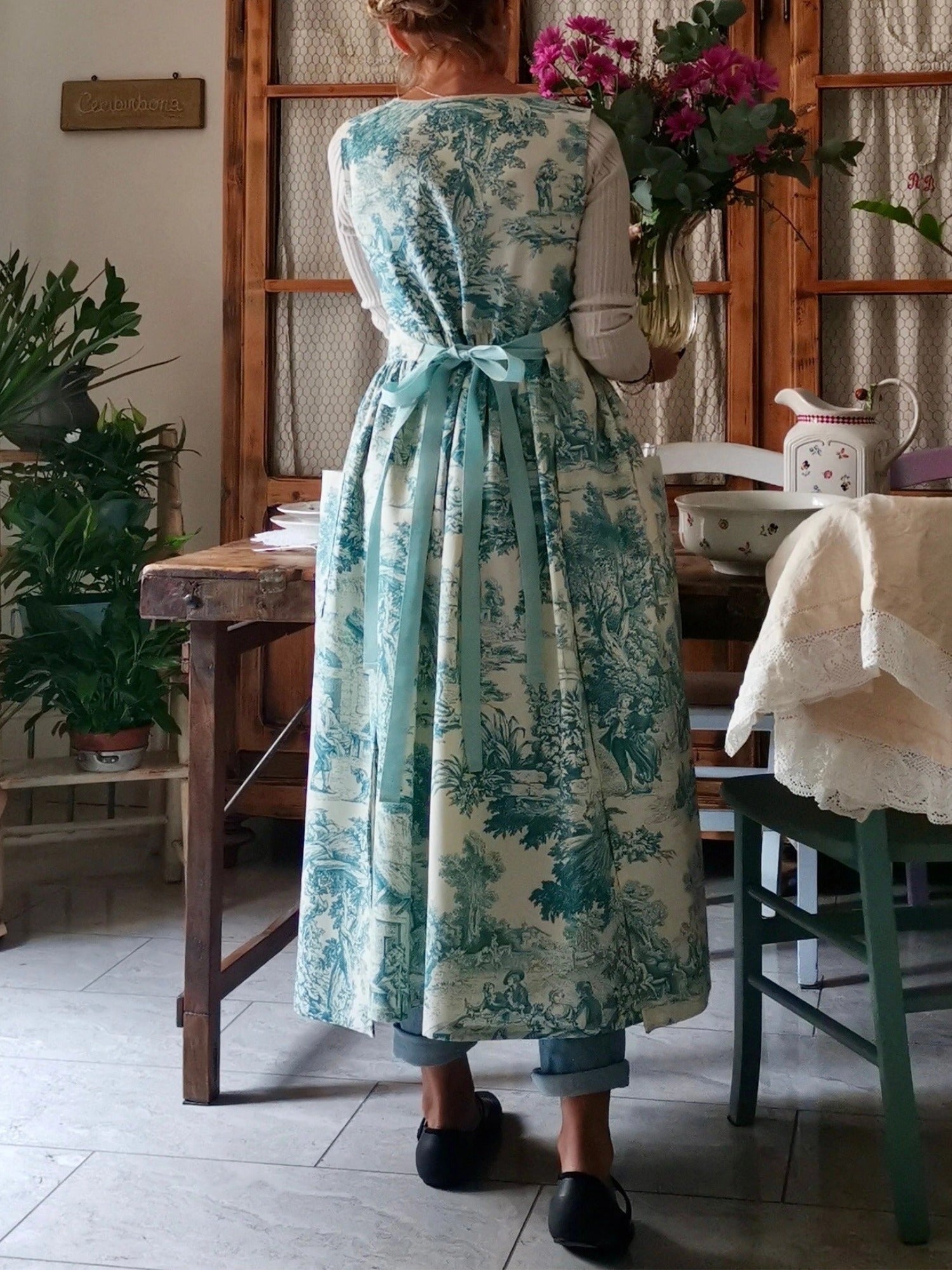 Vintage Teal Base Pastoral Landscape Print Long Apron & Dress (2-in-1)