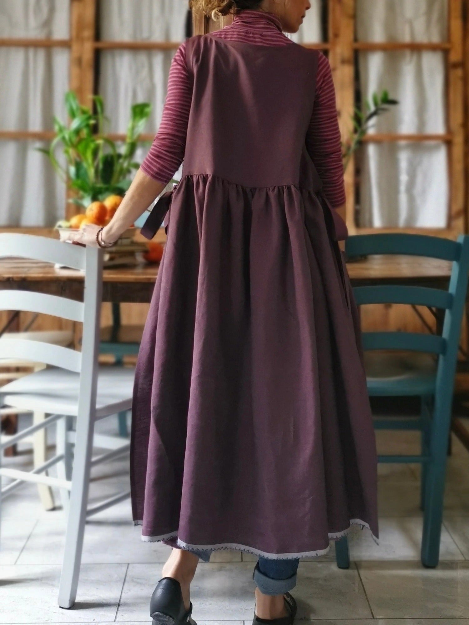 Vintage Deep Purple Solid Long Apron & Dress (2-in-1)