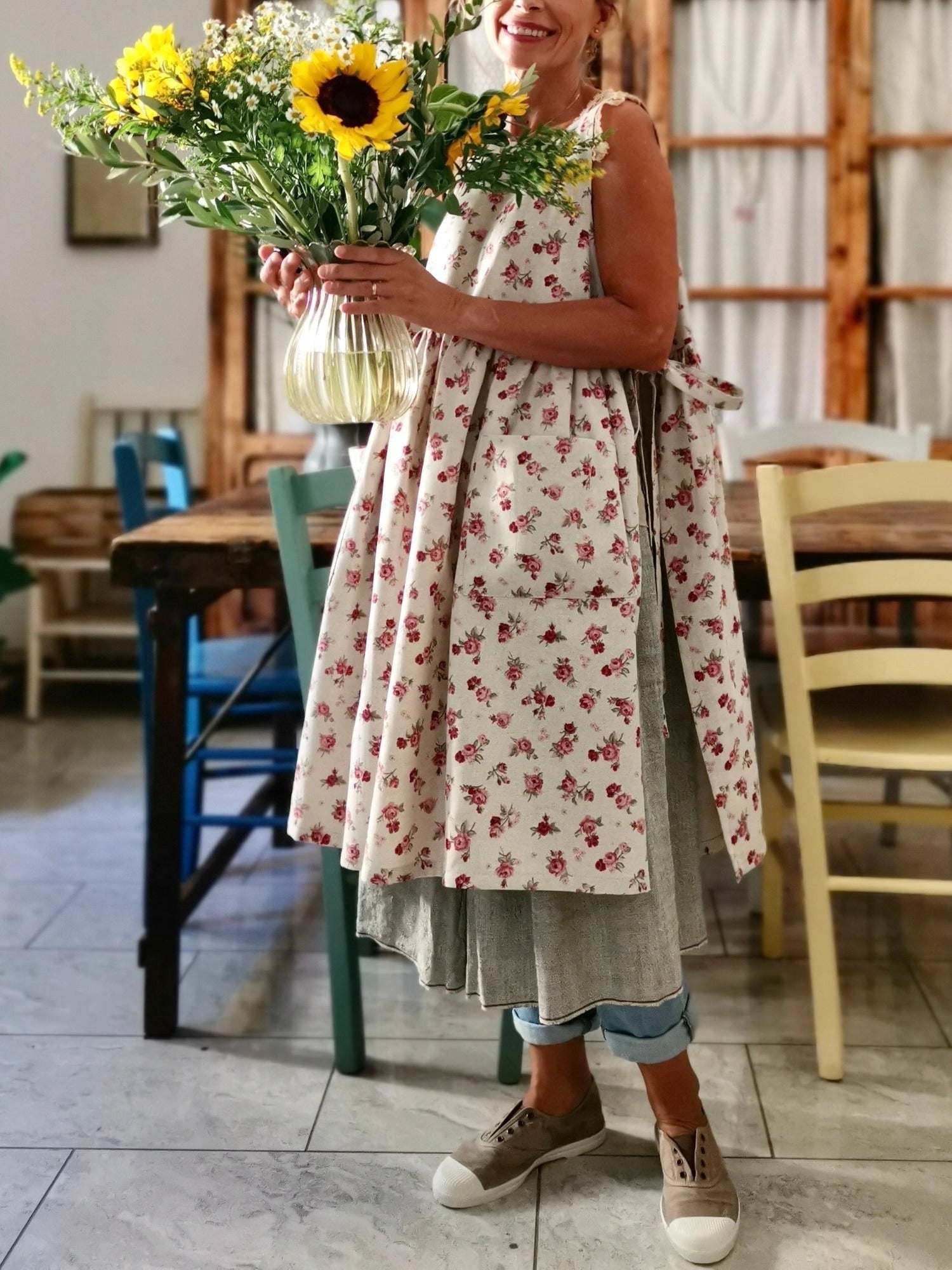 Vintage Beige Base Pink Floral Print Long Apron & Dress (2-in-1)