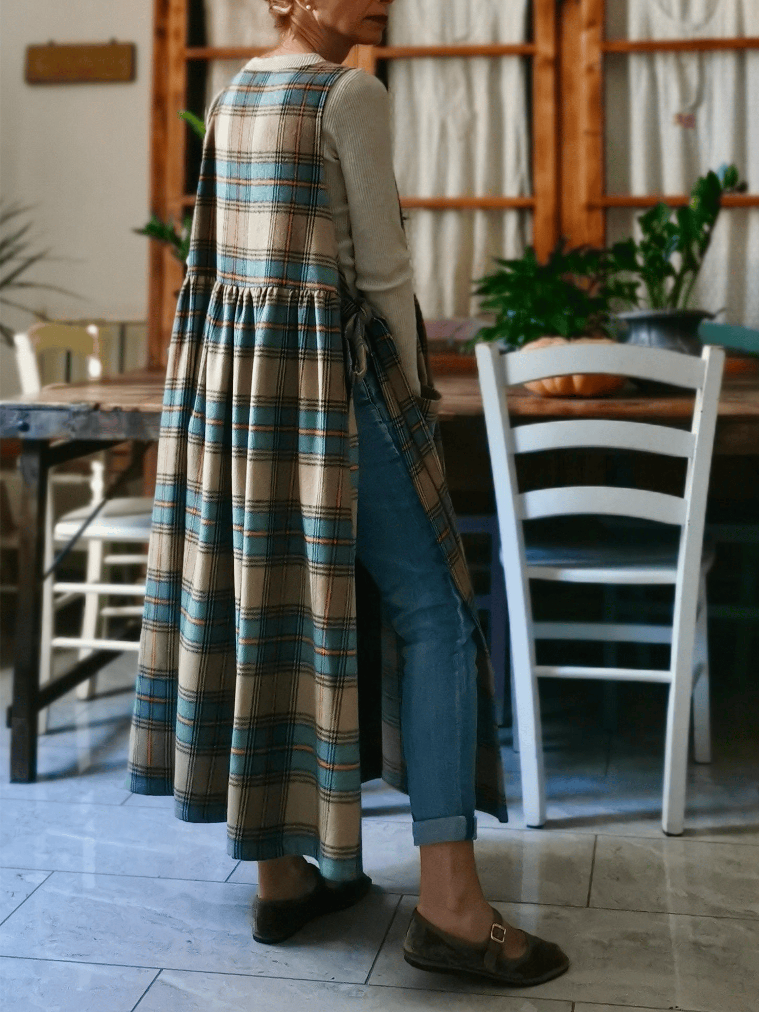 Vintage Light Khaki Blue & Brown Plaid Long Apron & Dress (2-in-1)