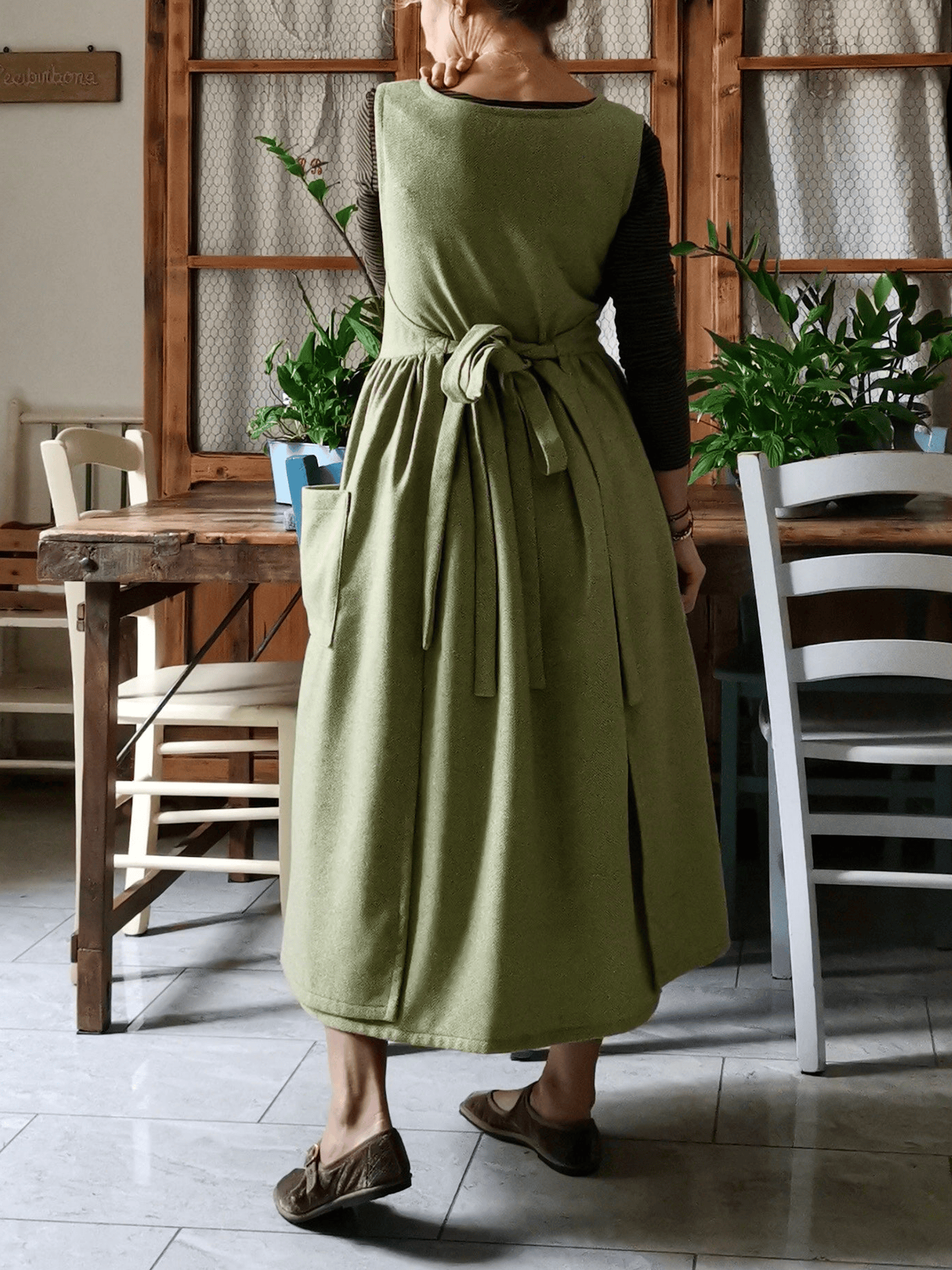 Vintage Olive Green Solid Long Apron & Dress (2-in-1)