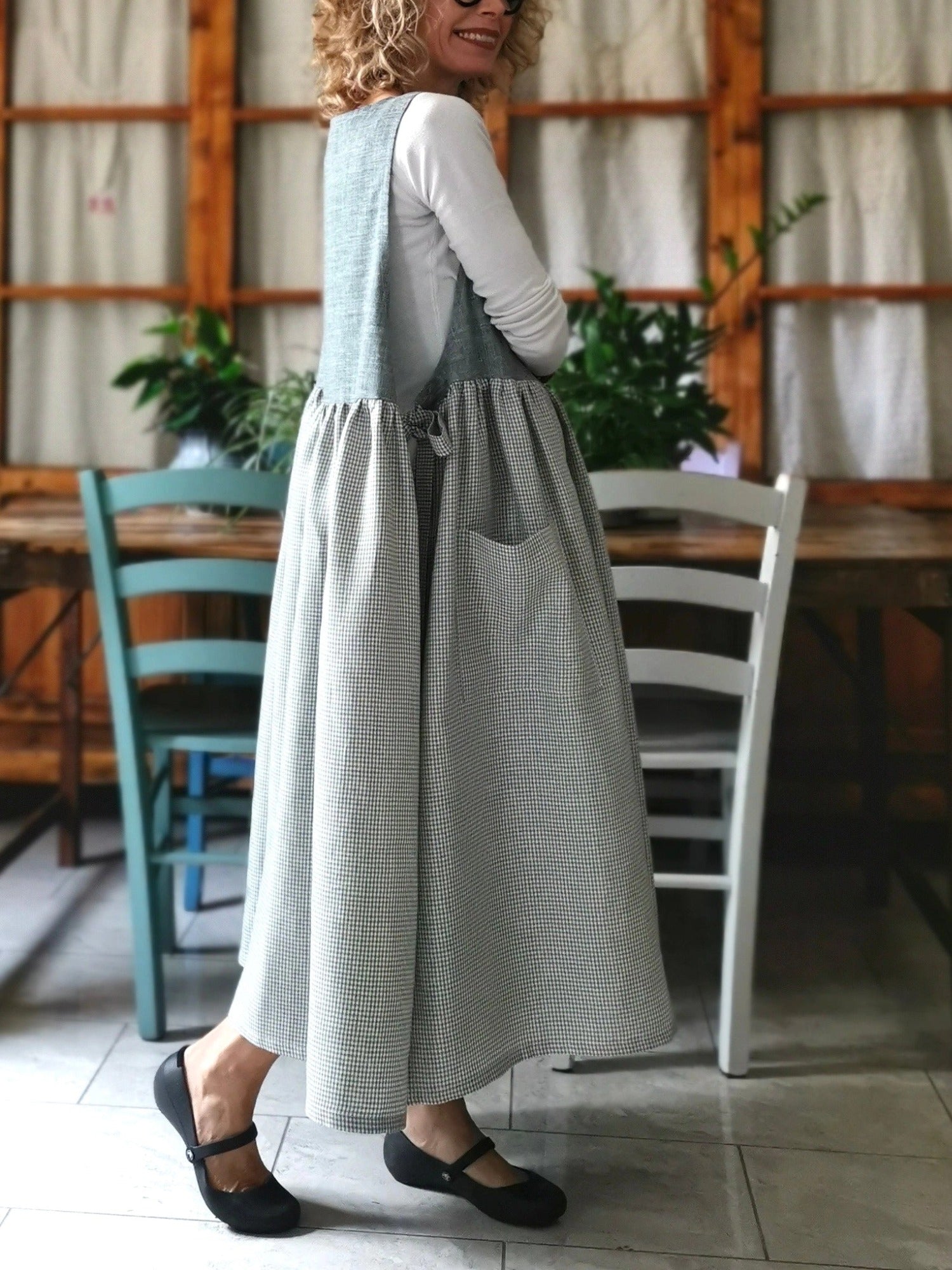 Vintage Grey Textured & Light Gray Plaid Patchwork Long Apron & Dress (2-in-1)