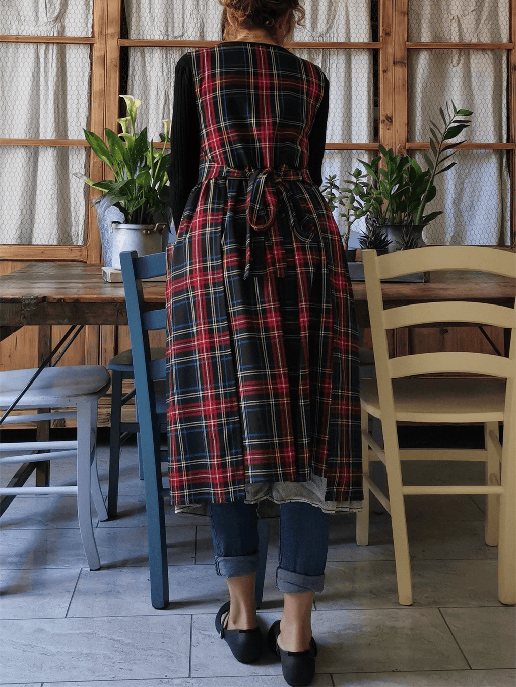 Vintage Black Base Red-Blue-Yellow Plaid Long Apron & Dress (2-in-1)