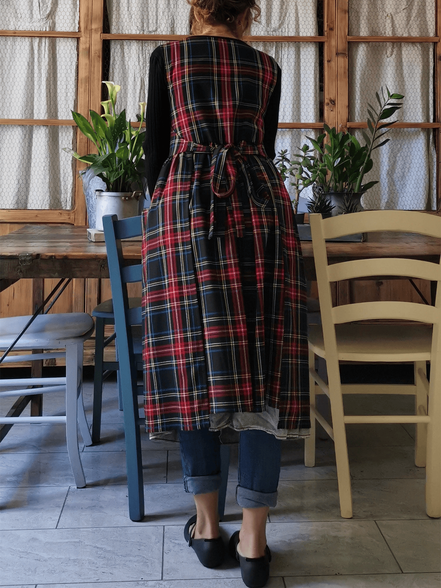 Vintage Black Base Red-Blue-Yellow Plaid Long Apron & Dress (2-in-1)