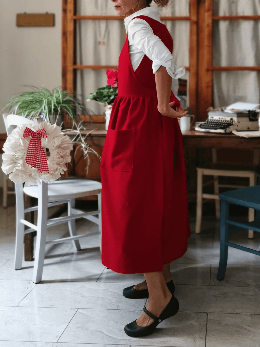 Vintage Red Apron & Dress (2-in-1) with Pockets