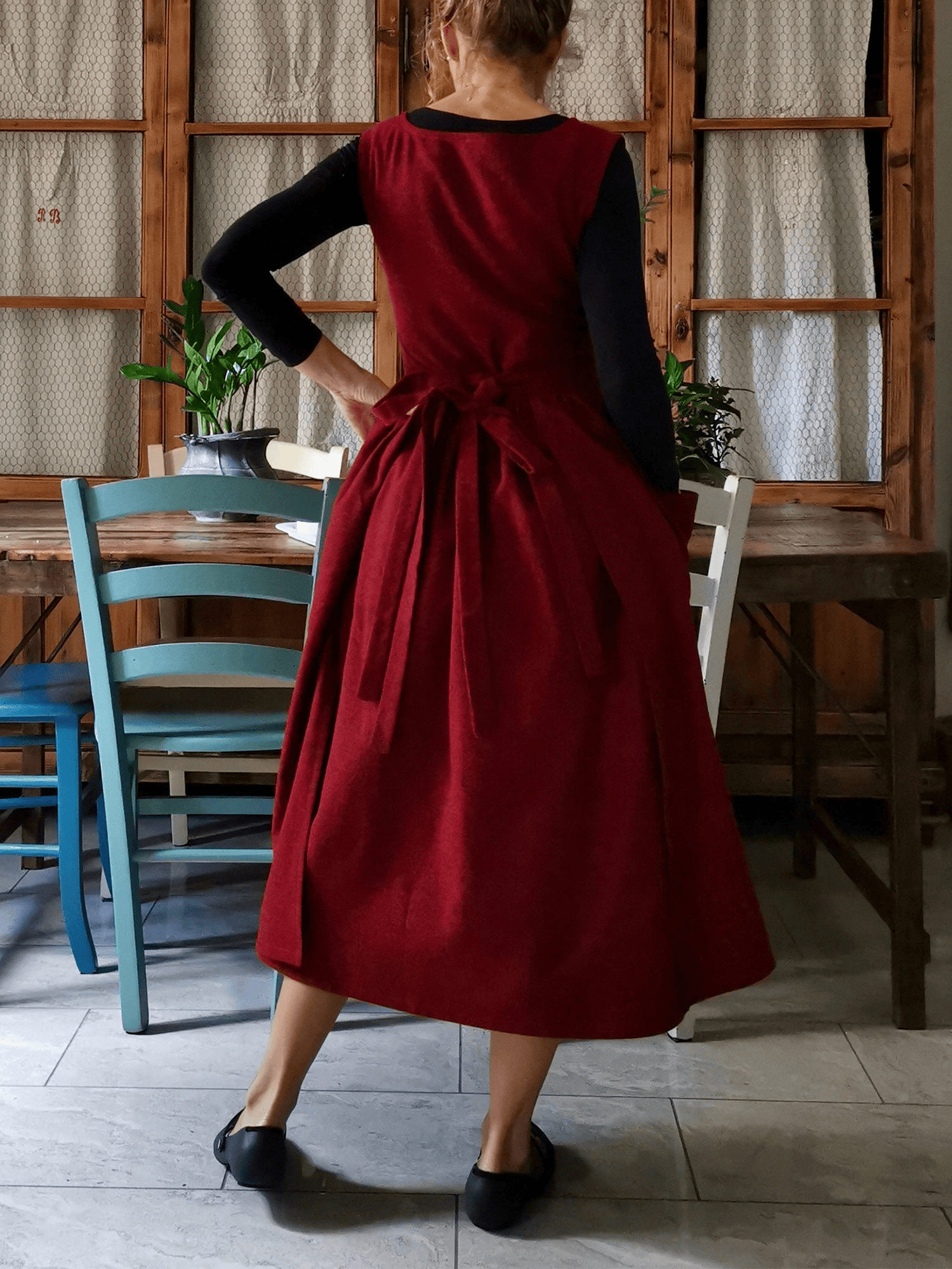 Vintage Burgundy Solid Long Apron & Dress (2-in-1)