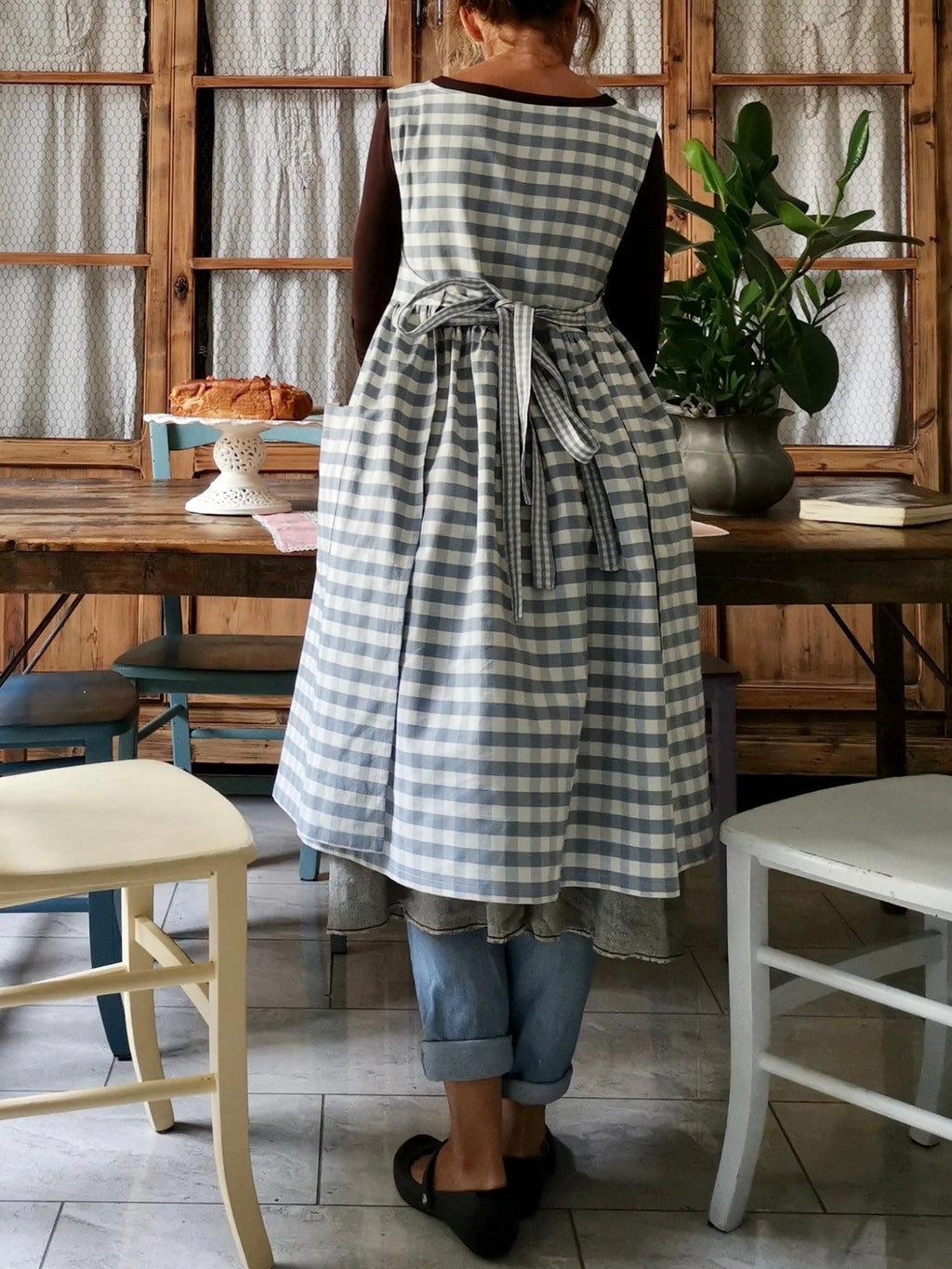 Vintage Light Blue & White Gingham Apron & Dress (2-in-1)