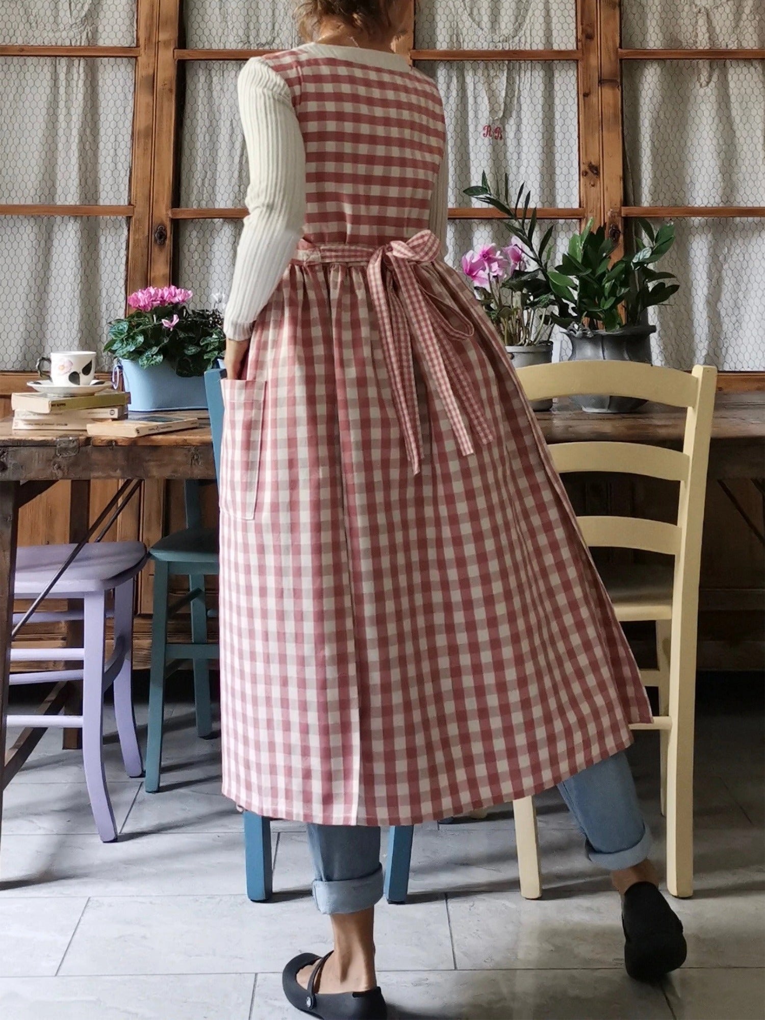 Vintage Pink Gingham Long Apron & Dress (2-in-1)