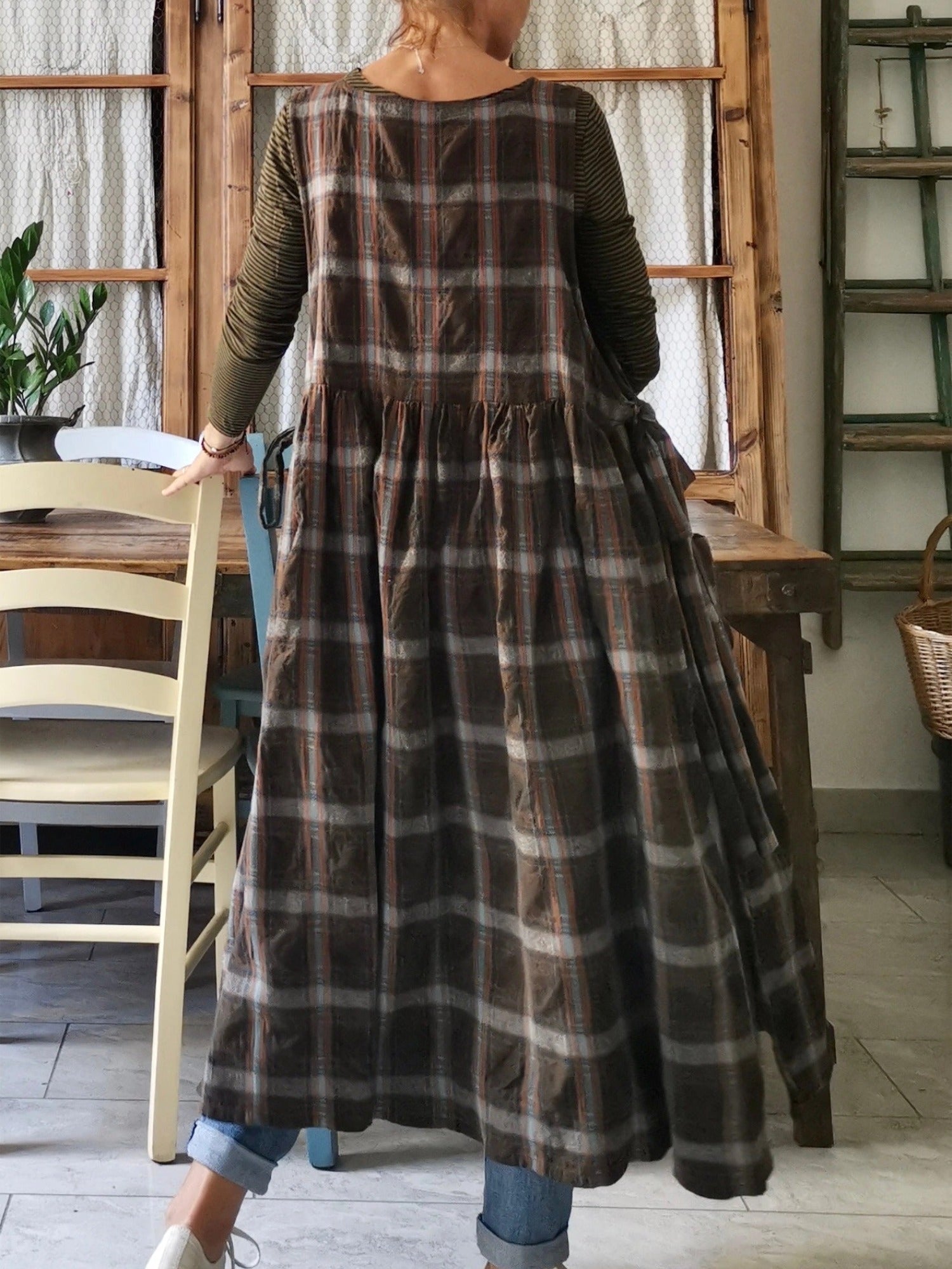 Vintage Dark Brown & Gray Plaid Long Apron & Dress (2-in-1)