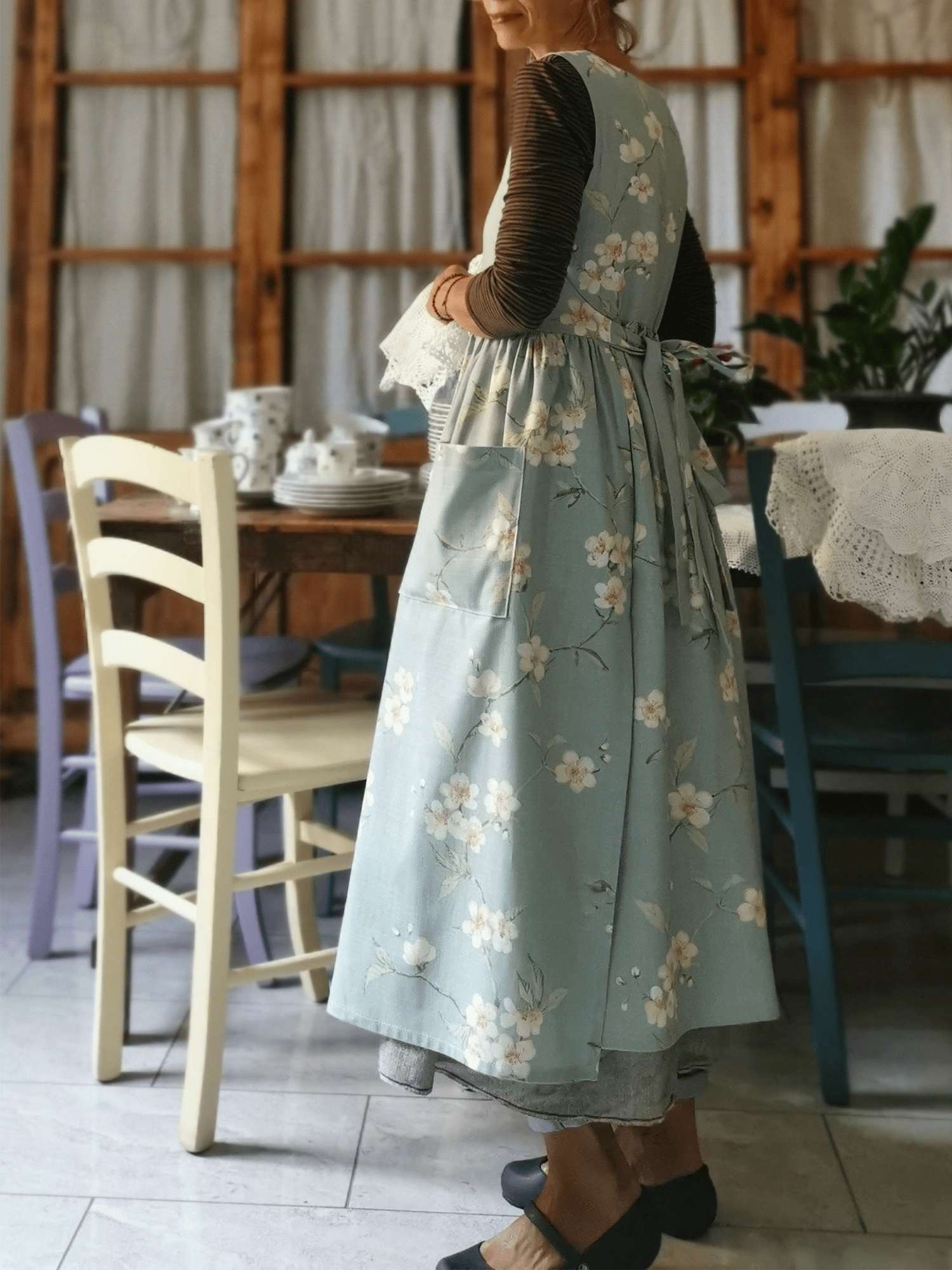 Vintage Light Mint Green White Blossom Branch Print Long Apron & Dress (2-in-1)