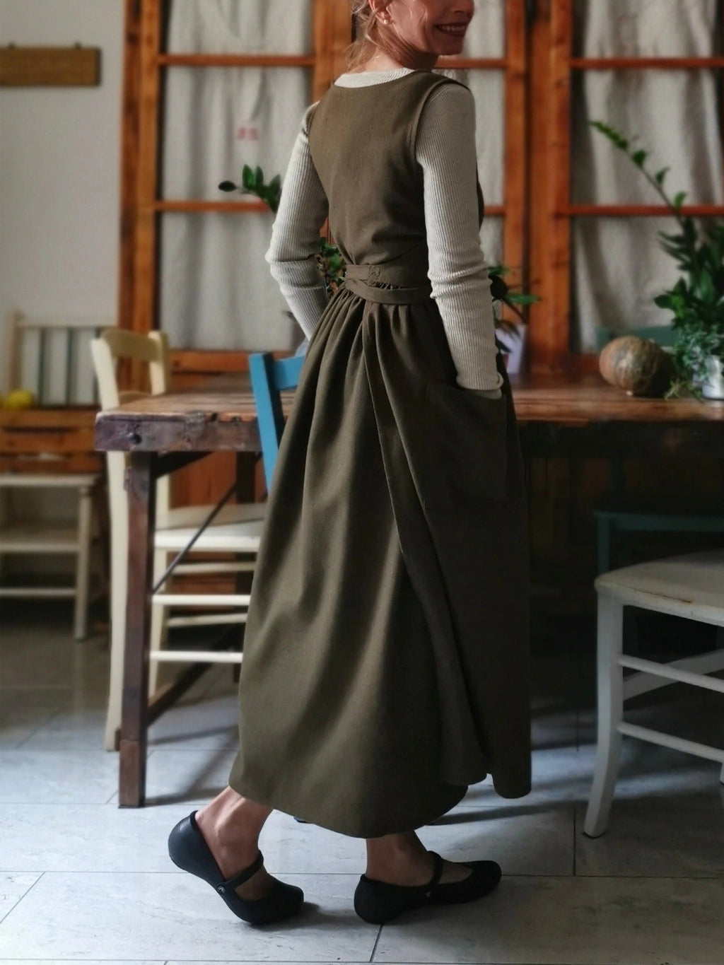 Vintage Dark Green Solid Long Apron & Dress (2-in-1)