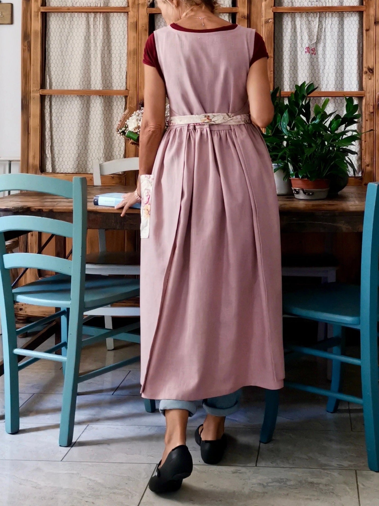 Vintage Light Pink Solid Apron & Dress (2-in-1) with Floral Pocket Patchwork